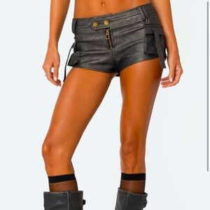 washed faux leather micro cargo shorts